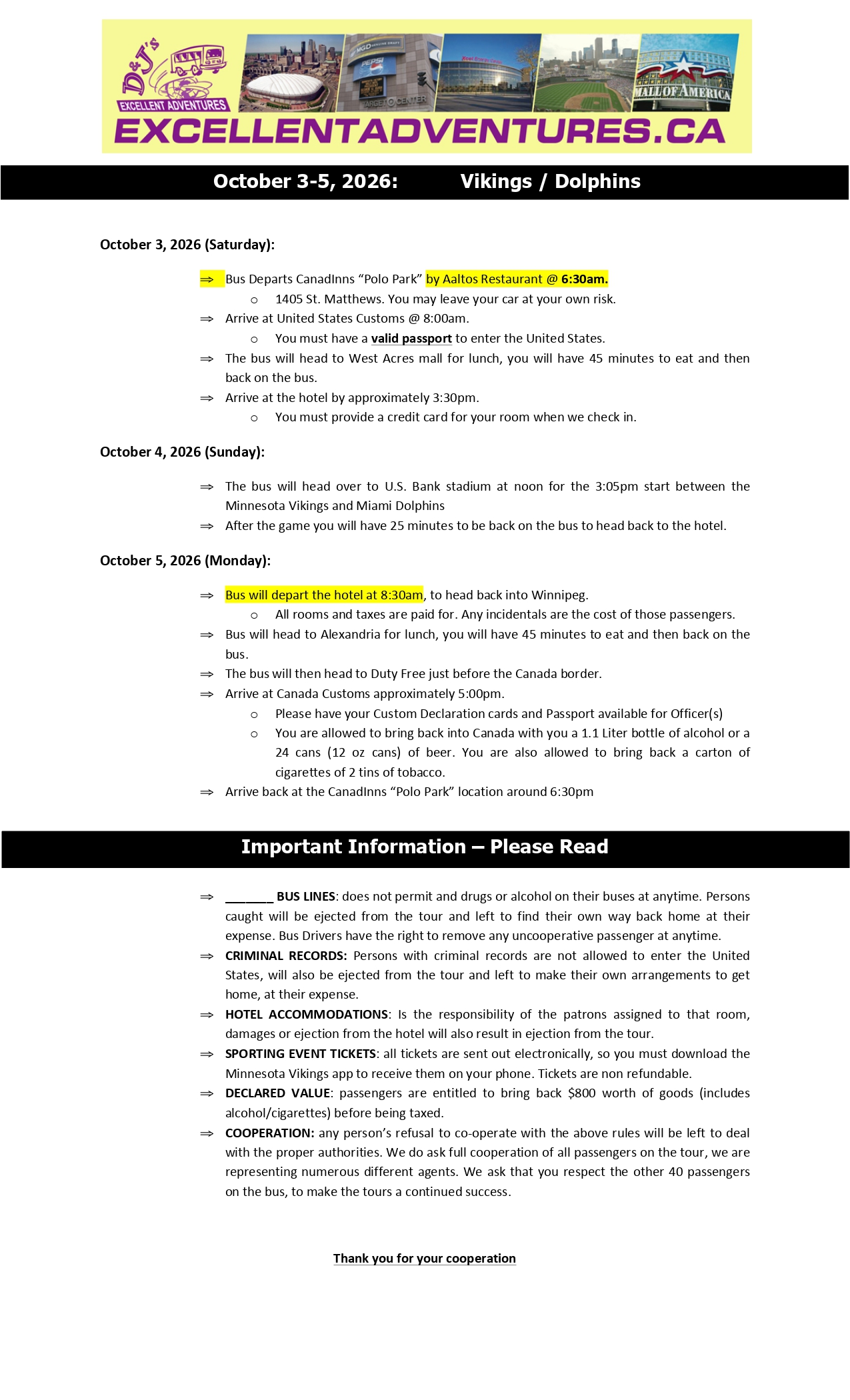 Dolphins Vikes Itinerary